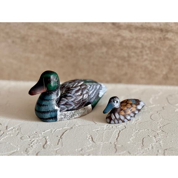 Vintage Carved Duck Pair Figurines – Stone Paperweight Duck and Wooden Mini Duck - Picture 1 of 13